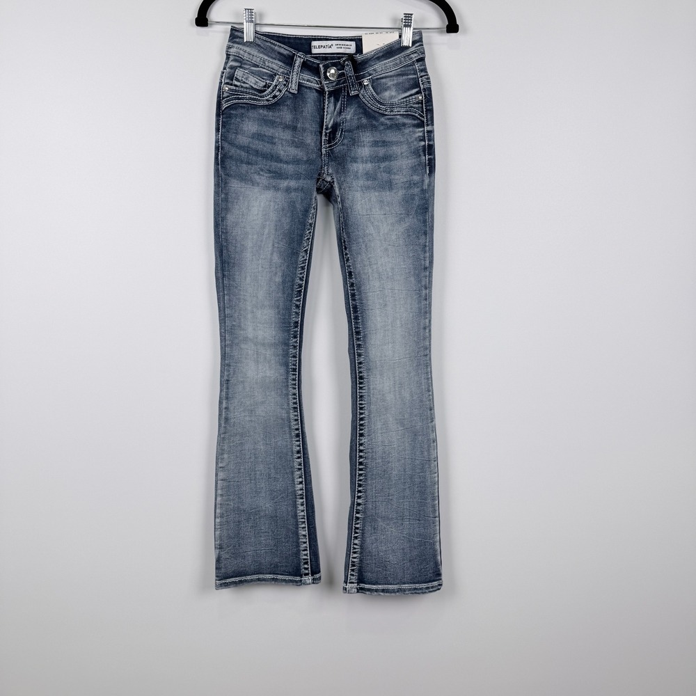 Telepatia Flare Jeans Women 00/23 Blue Low Rise Rhinestone Distressed Denim